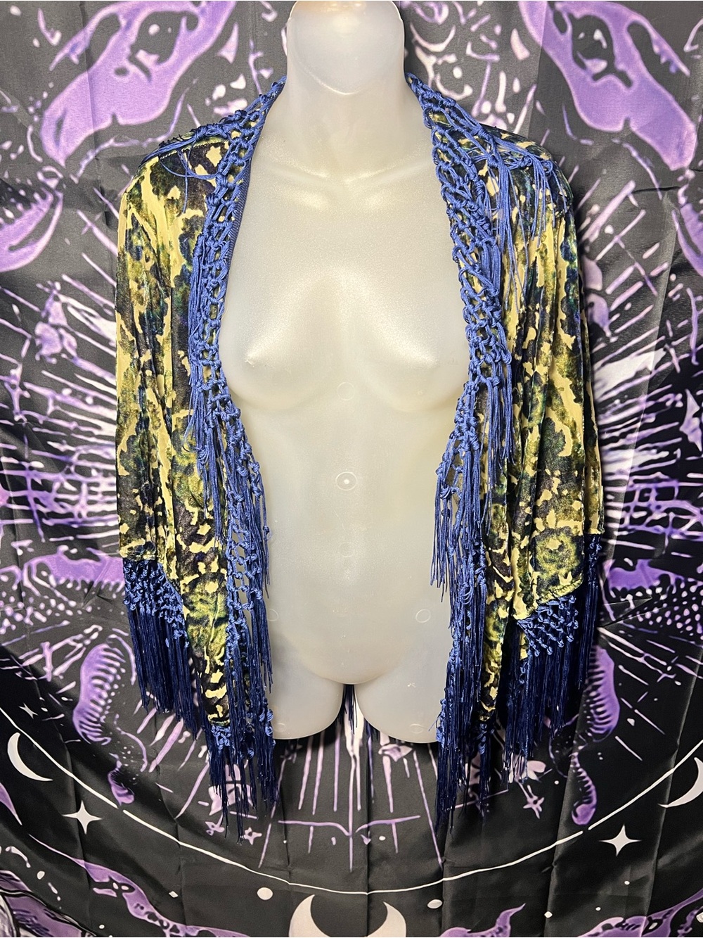 NWOT Urban Outfitters Blue & Yellow velvet Fringe Open-Front Kimono Sweater